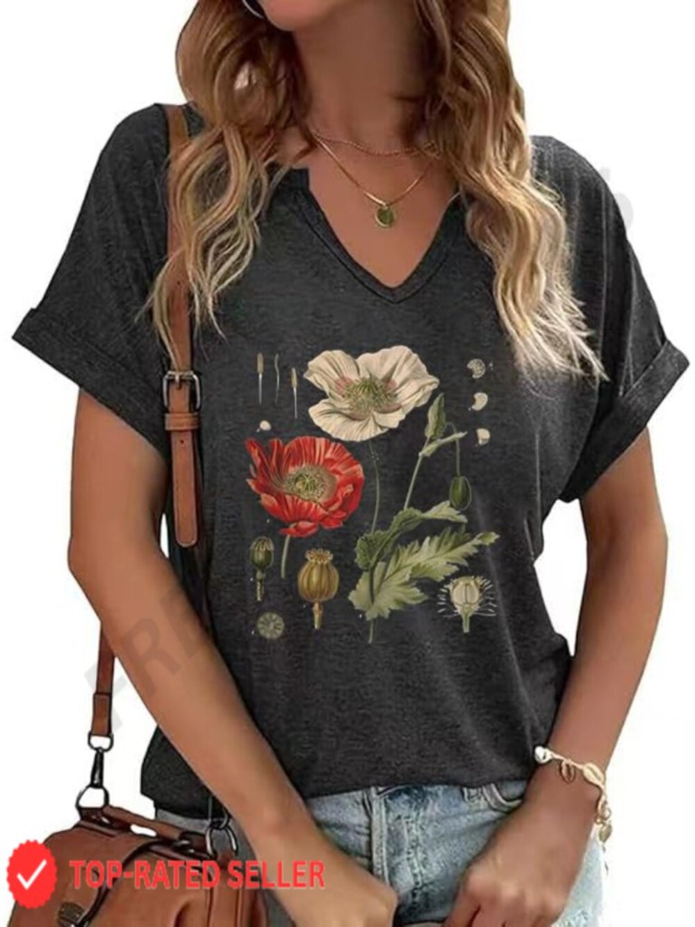 PUCKOLITY Women's Floral V Neck Short Sleeve T Shirt Casual Summer Tee